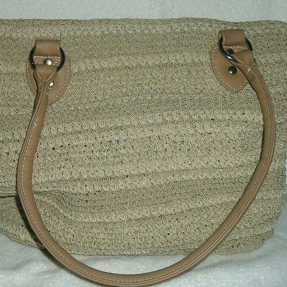 Large Woven Cream Purse Slouch Tote Bag with Matching Wristlet Faux Leather Trim